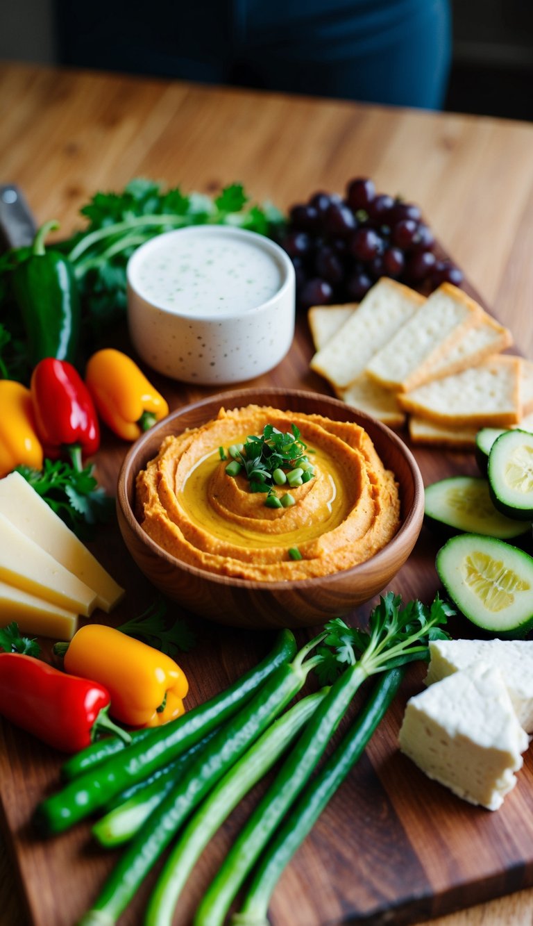 A wooden charcuterie board with a variety of dairy-free items including roasted red pepper hummus, fresh vegetables, and plant-based cheeses