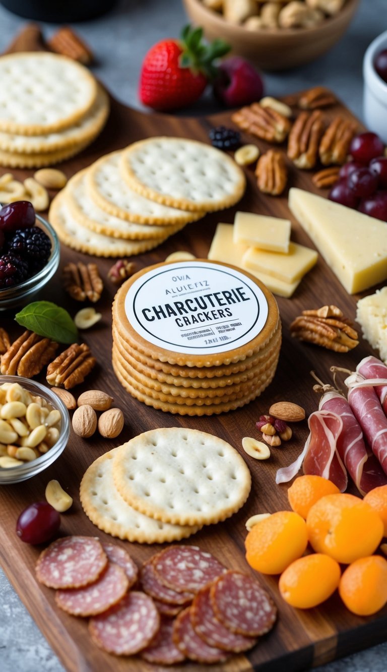 A wooden charcuterie board with an assortment of gluten-free crackers, surrounded by various cured meats, cheeses, fruits, and nuts