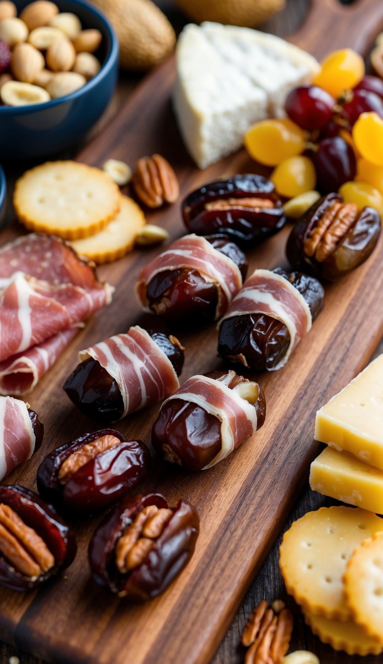 A wooden charcuterie board with prosciutto-wrapped dates, surrounded by gluten-free meats, cheeses, fruits, and nuts