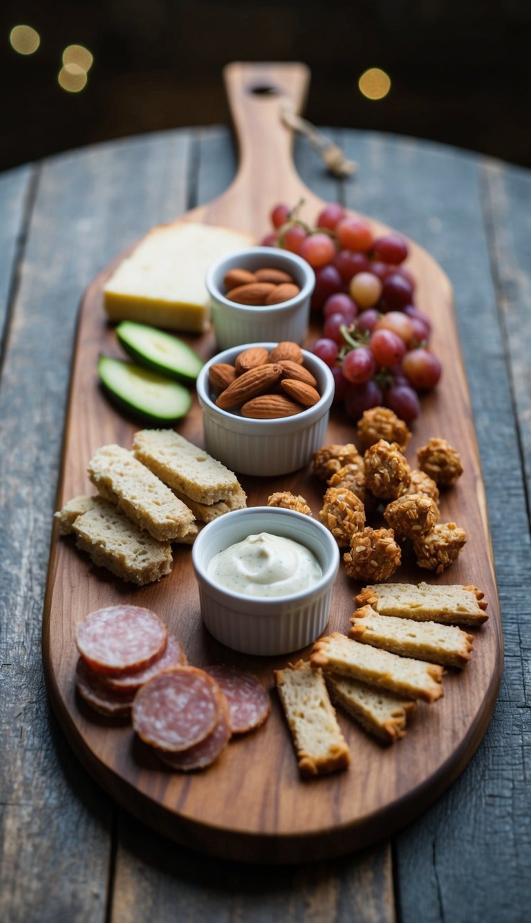 A rustic wooden board with a variety of gluten-free charcuterie items, including almond flour breadsticks, arranged in an artful and appetizing display