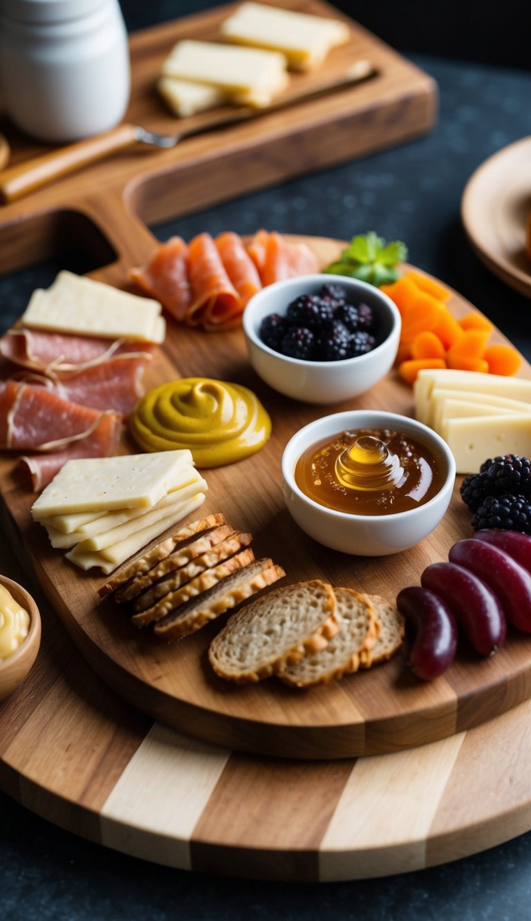 A wooden charcuterie board with 10 gluten-free options, including Dijon mustard and honey dip, arranged in an appealing and appetizing display
