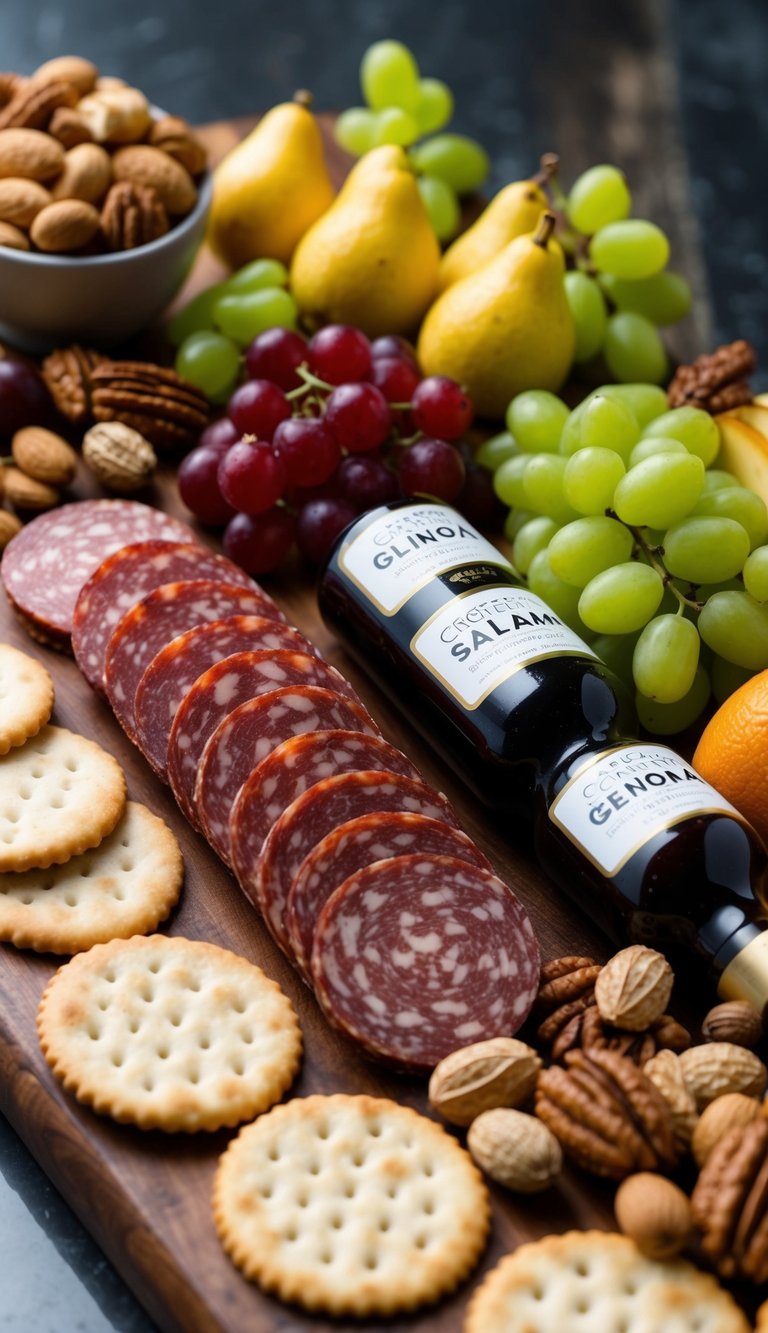 A wooden charcuterie board with slices of Genoa salami, assorted gluten-free crackers, and a variety of colorful fruits and nuts arranged in an aesthetically pleasing display