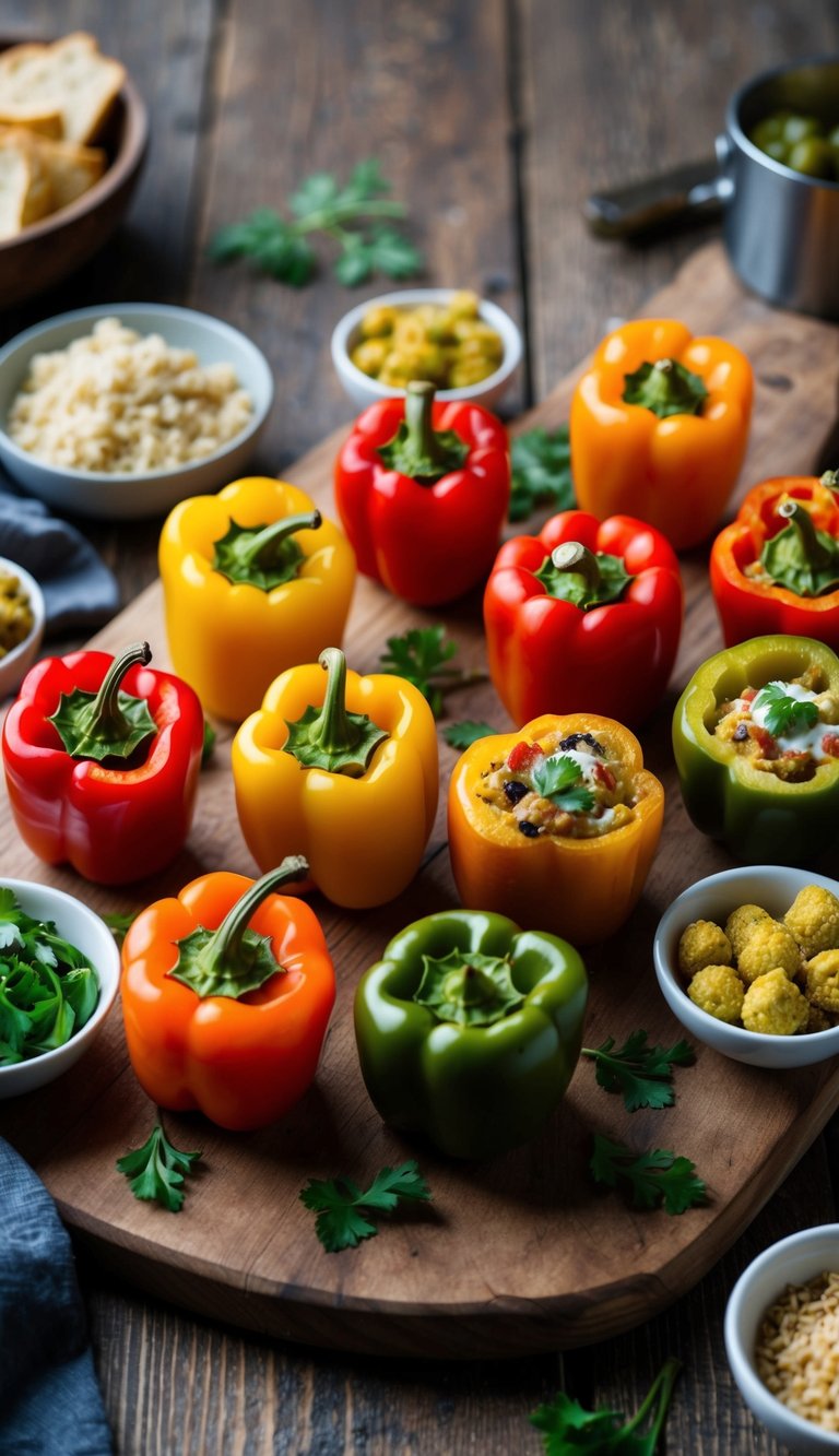 A rustic wooden charcuterie board with an assortment of colorful stuffed mini bell peppers, surrounded by various gluten-free accompaniments