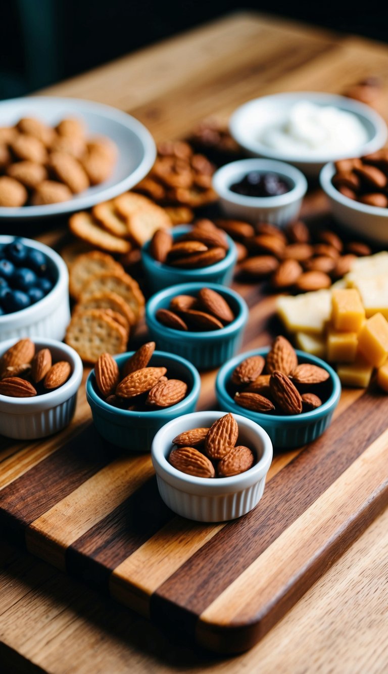 A wooden charcuterie board with a variety of gluten-free items, including roasted almonds, arranged in an aesthetically pleasing manner