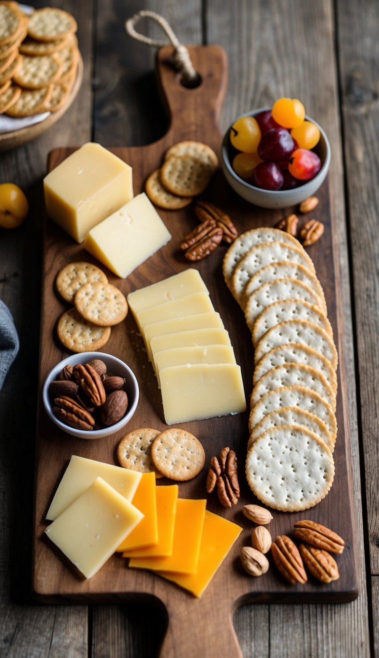 A rustic wooden charcuterie board adorned with slices of smoked Gouda cheese, accompanied by gluten-free crackers, nuts, and fruits