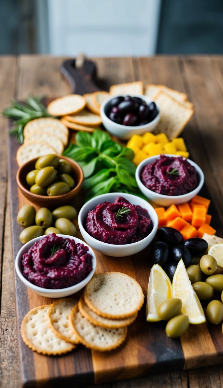 A rustic wooden charcuterie board with a variety of gluten-free options, including olives and tapenade, arranged in an artful and appetizing display