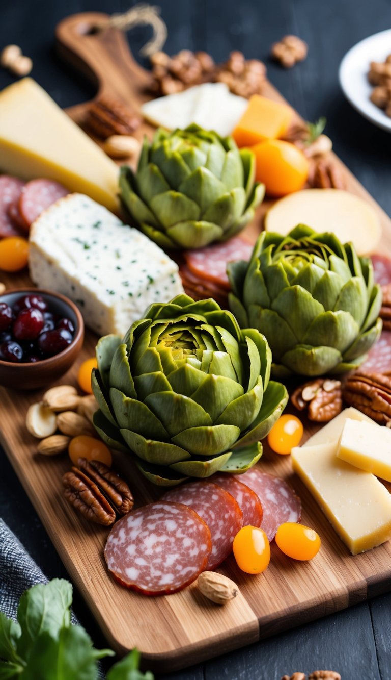 A wooden charcuterie board with marinated artichokes, surrounded by gluten-free meats, cheeses, fruits, and nuts