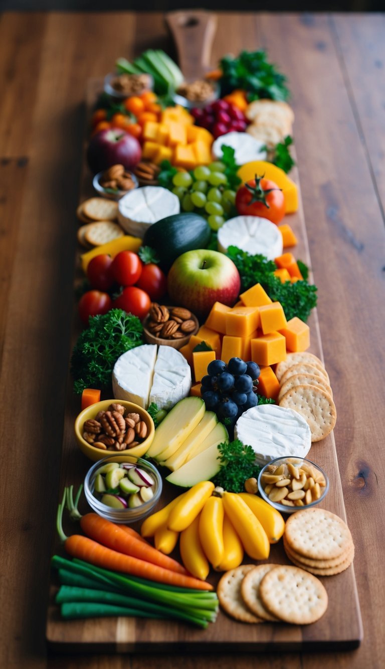 A wooden board filled with an assortment of colorful and vibrant fruits, vegetables, cheeses, nuts, and crackers arranged in an aesthetically pleasing manner