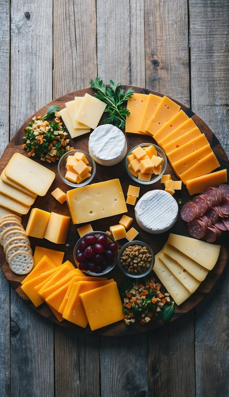 A rustic wooden board with a variety of aged cheddar cheese and vegetarian charcuterie arranged in an artful and appetizing display