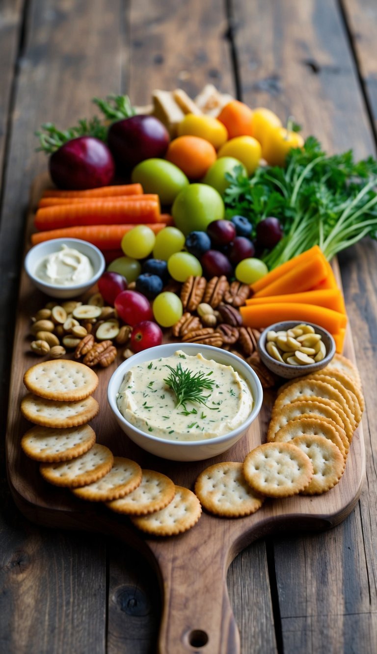 A rustic wooden board adorned with an assortment of colorful vegetables, fruits, nuts, crackers, and a creamy Garlic & Herb Boursin cheese spread