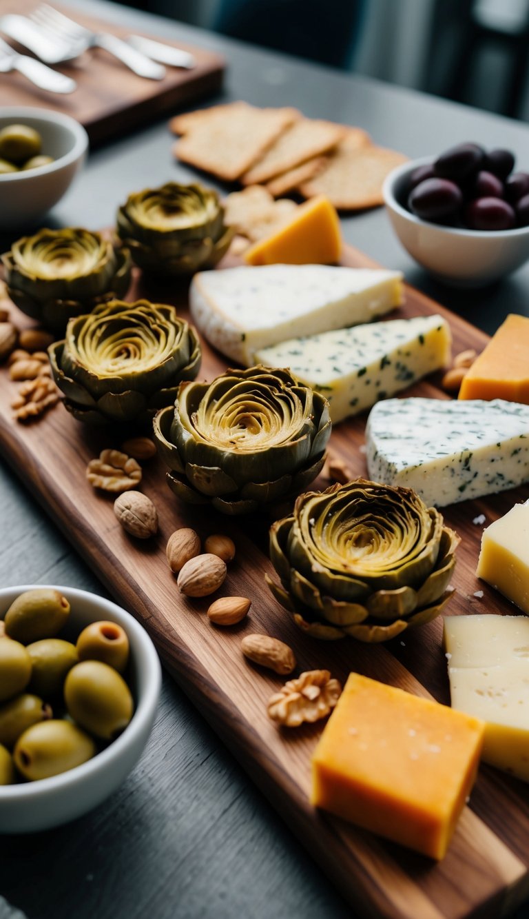A wooden charcuterie board with an assortment of marinated artichoke hearts, surrounded by other vegetarian delicacies like cheeses, olives, and nuts