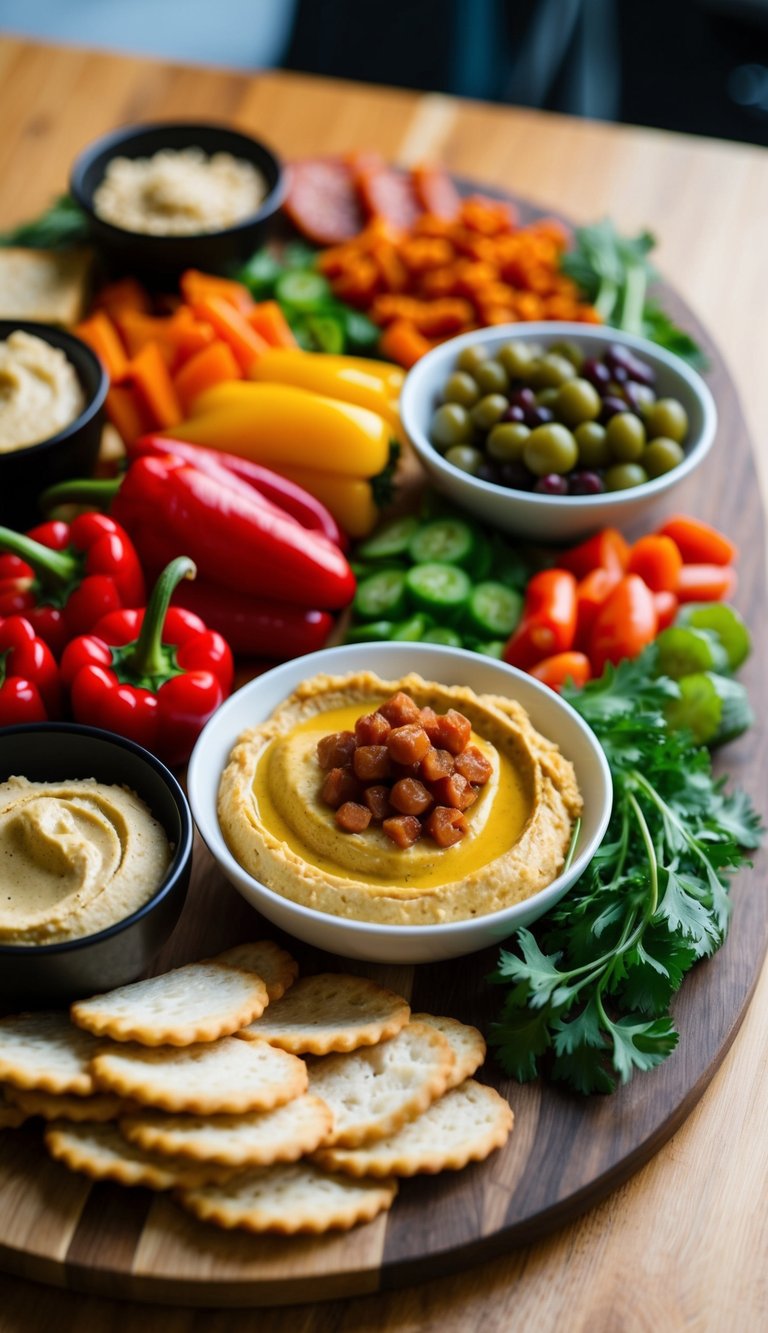 A wooden charcuterie board with an assortment of roasted red pepper hummus and various vegetarian toppings arranged in an appetizing display