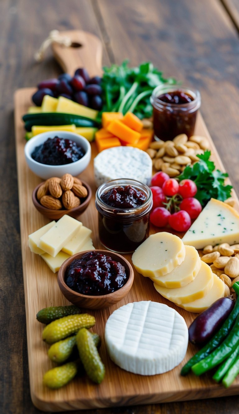 A wooden board with an assortment of vegetarian charcuterie items, including fig jam, nuts, cheeses, fruits, and pickled vegetables, arranged in an appealing and appetizing display