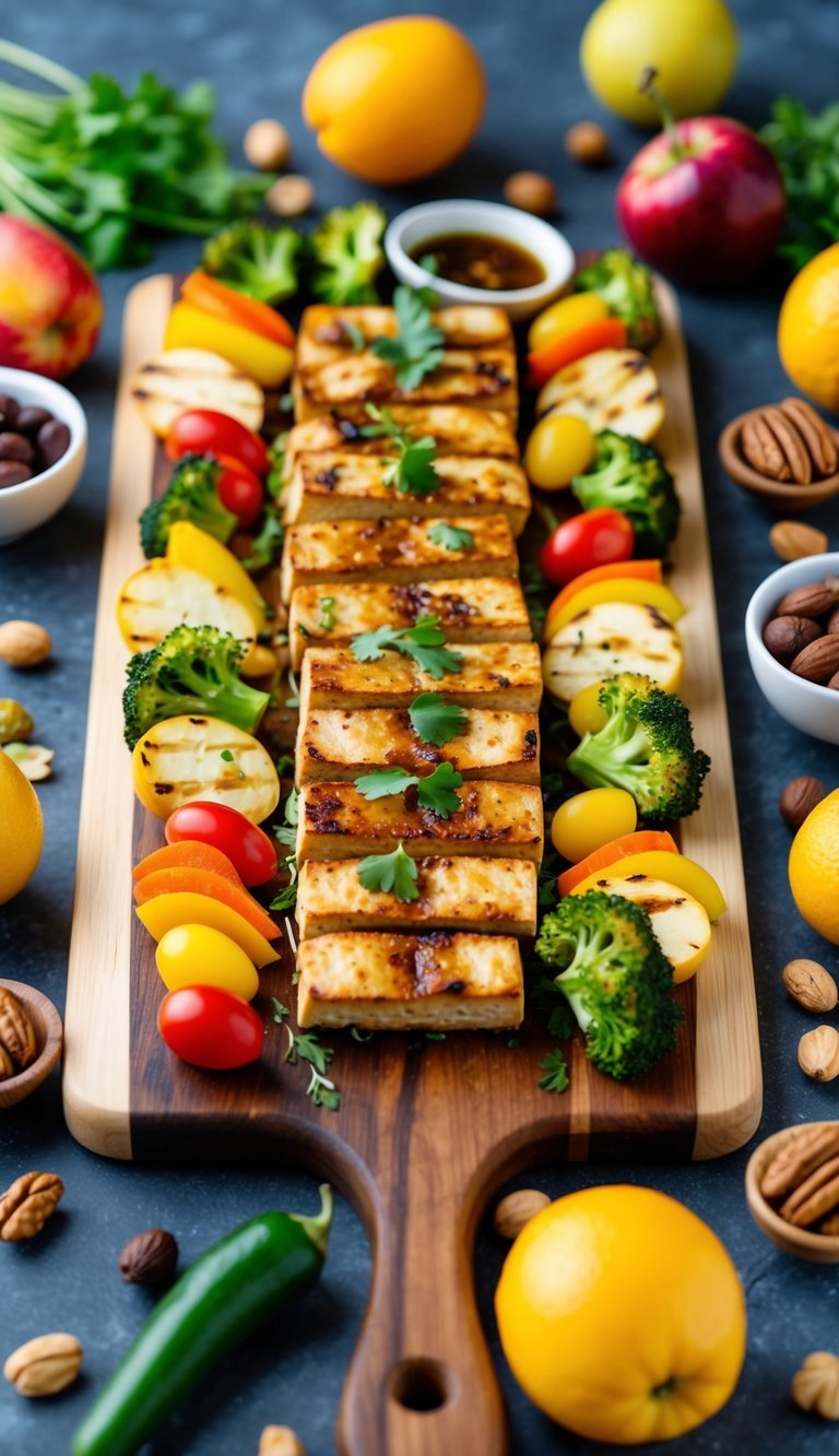 A wooden charcuterie board with an assortment of grilled marinated tofu, surrounded by colorful vegetables, fruits, and nuts
