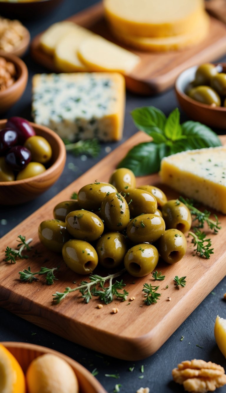 A wooden board topped with an assortment of herb-seasoned olives, surrounded by other vegetarian charcuterie items like cheeses, fruits, and nuts