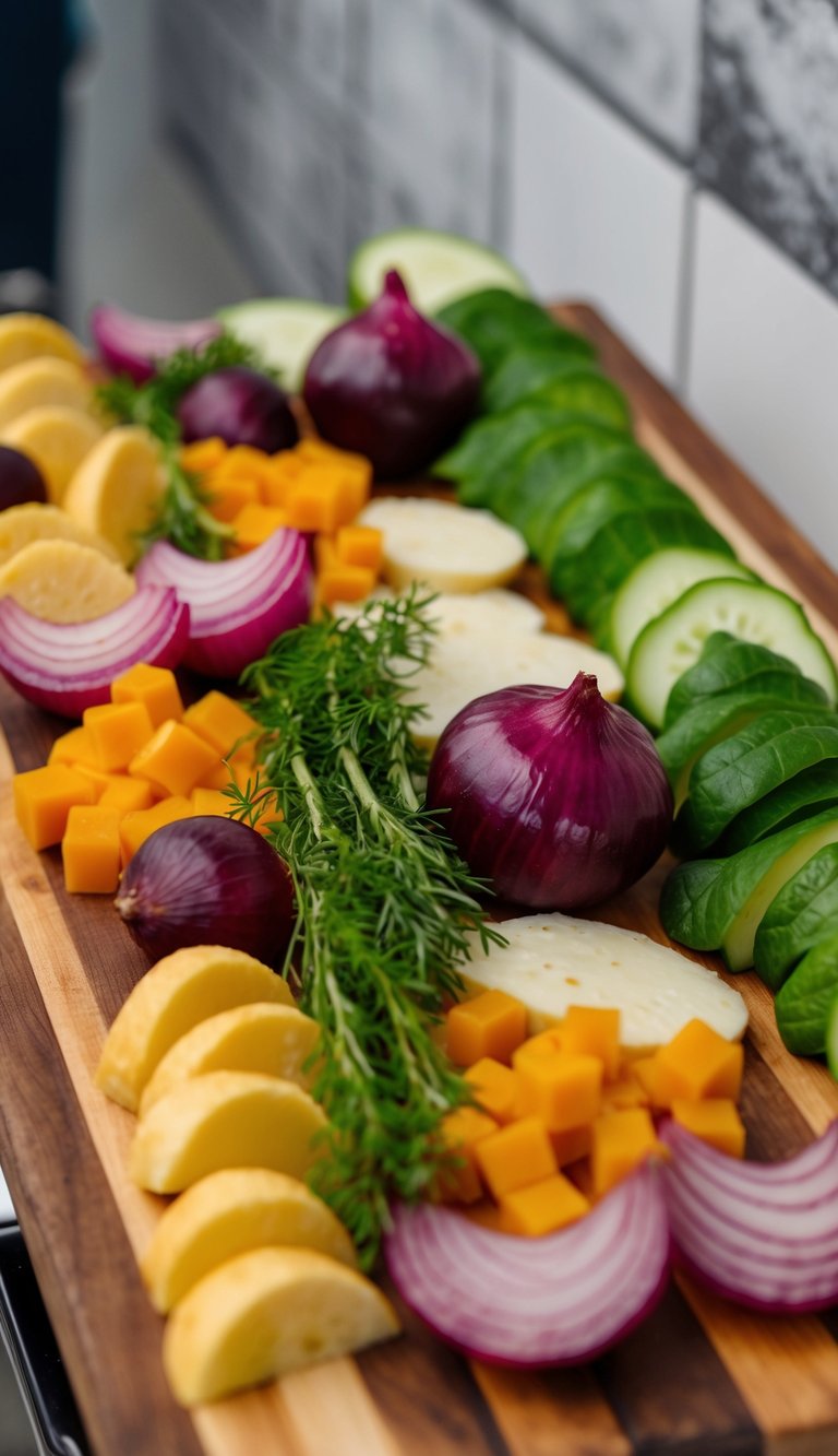 A wooden charcuterie board with various vegetarian options, including pickled red onions, arranged in an artistic and appetizing display