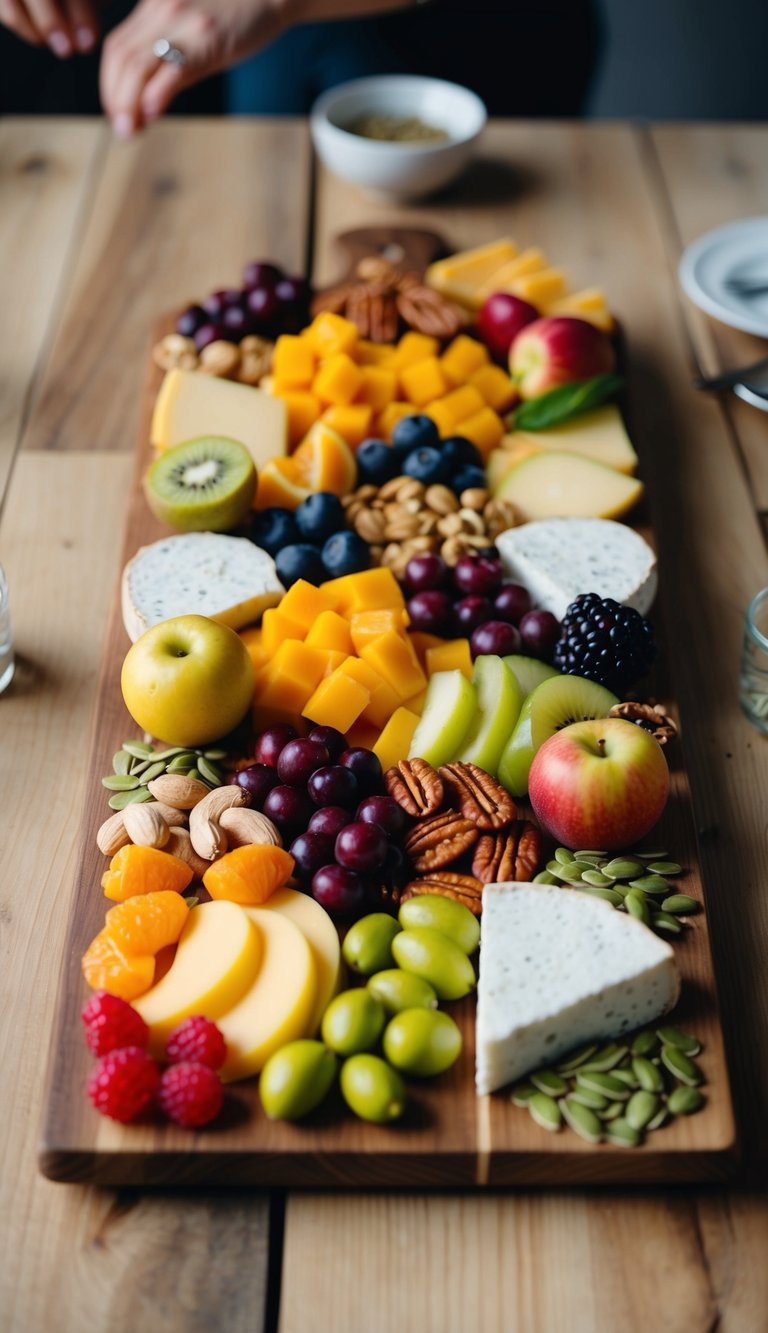 A wooden board with an assortment of colorful fruits, nuts, seeds, and plant-based cheeses arranged in an artful display