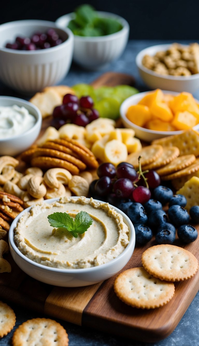 A wooden charcuterie board with cashew nut cheese spread, surrounded by various vegan accompaniments like fruits, nuts, and crackers