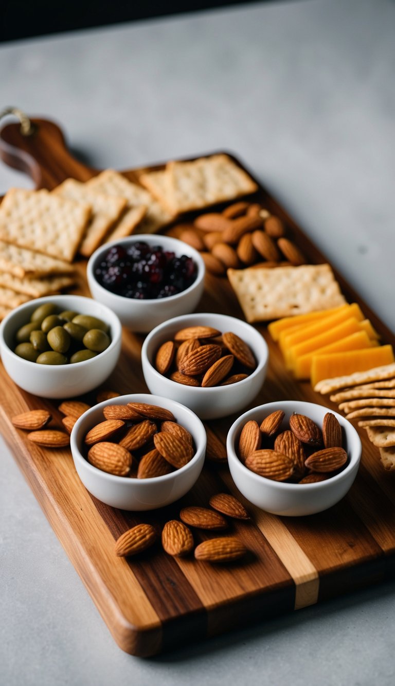 A wooden charcuterie board with a variety of vegan snacks, including smoked almonds, arranged in an aesthetically pleasing manner