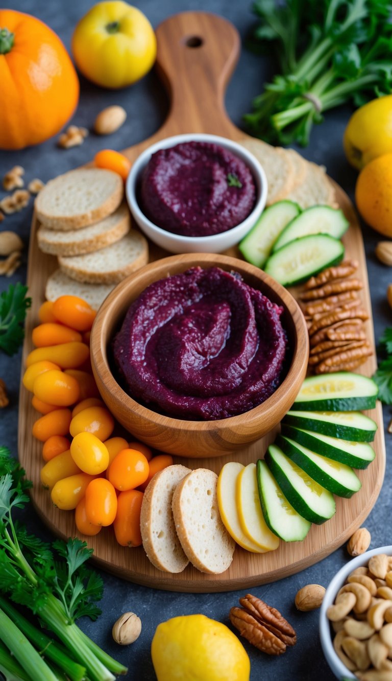 A wooden charcuterie board featuring a variety of vegan tapenades, surrounded by fresh vegetables, fruits, and nuts