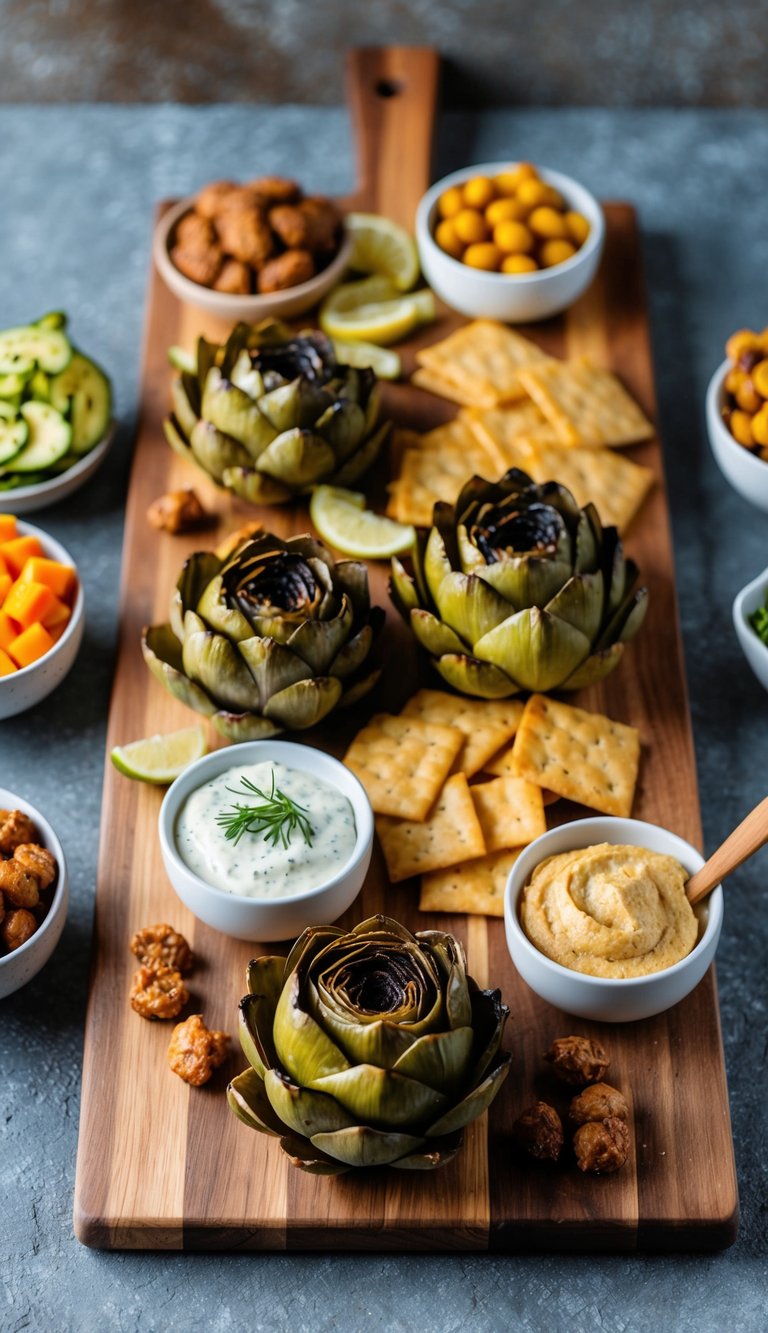 A wooden charcuterie board with grilled artichokes, surrounded by various vegan snacks and dips, set against a rustic backdrop