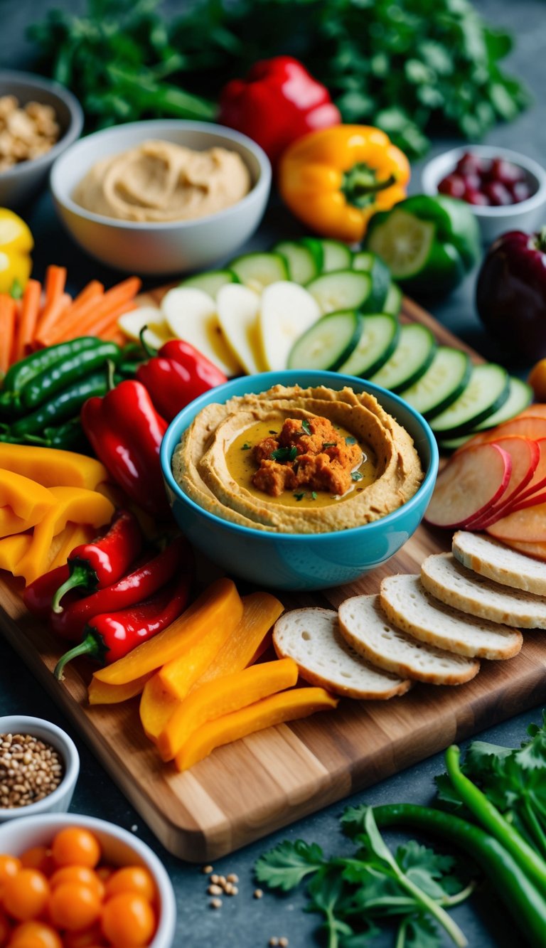 A wooden charcuterie board with a variety of vegan options, including roasted red pepper hummus, surrounded by colorful fruits and vegetables