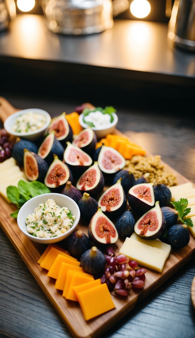 A wooden charcuterie board with an assortment of fresh figs and various vegan accompaniments arranged in an artful and appetizing display