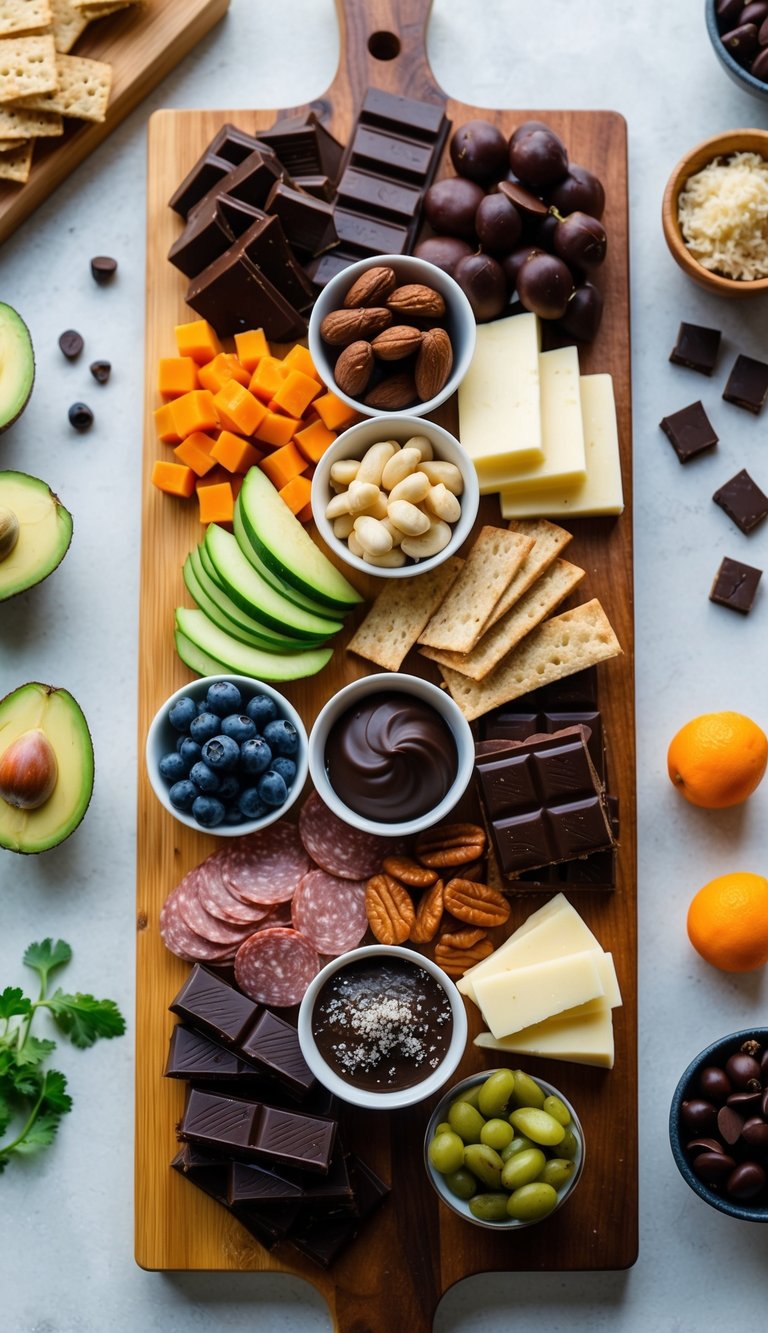 A wooden charcuterie board is filled with 10 different vegan options, including salted dark chocolate, arranged in an aesthetically pleasing display