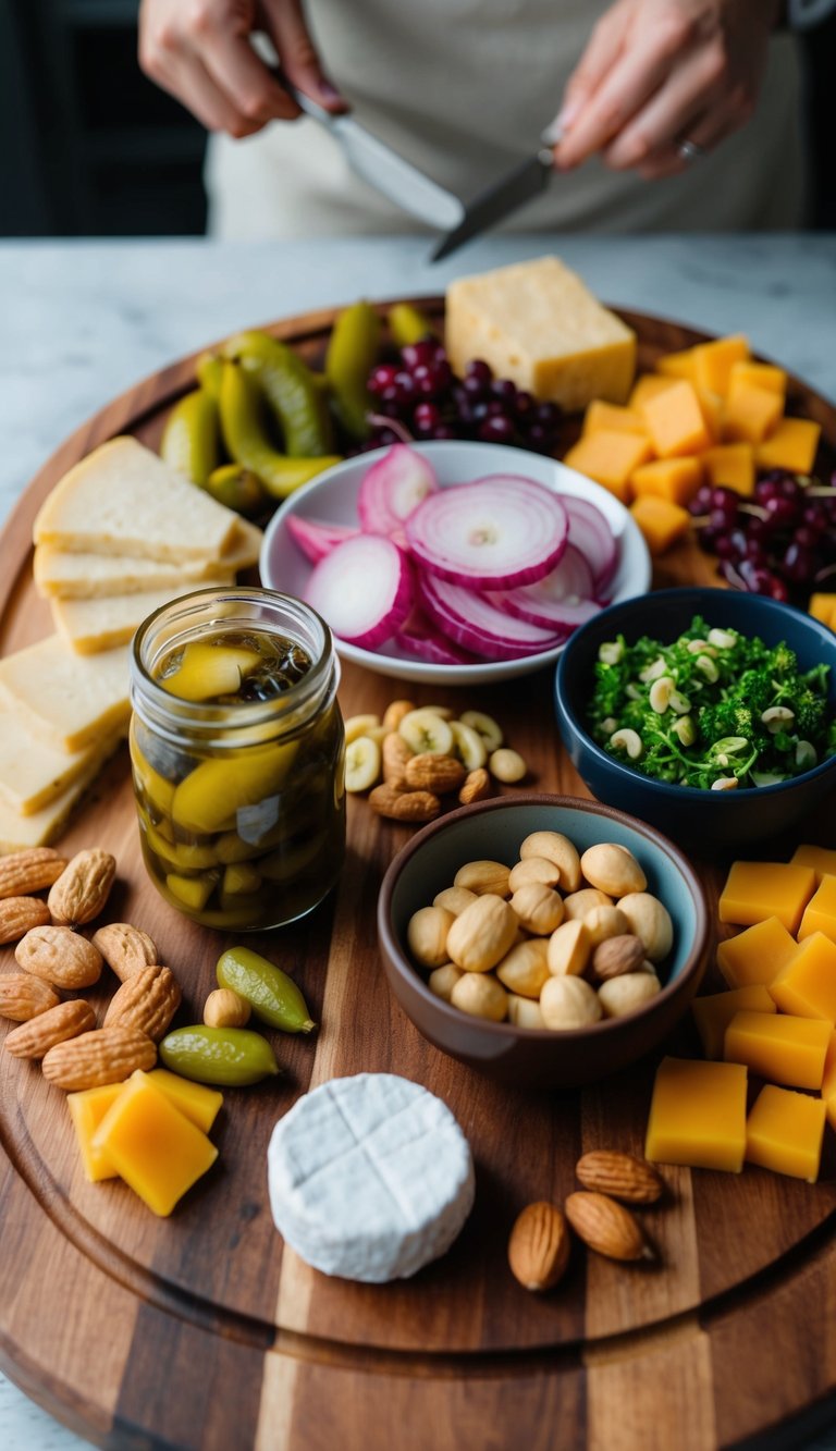 A wooden charcuterie board with a variety of vegan options including pickled onions, nuts, fruits, and plant-based cheeses