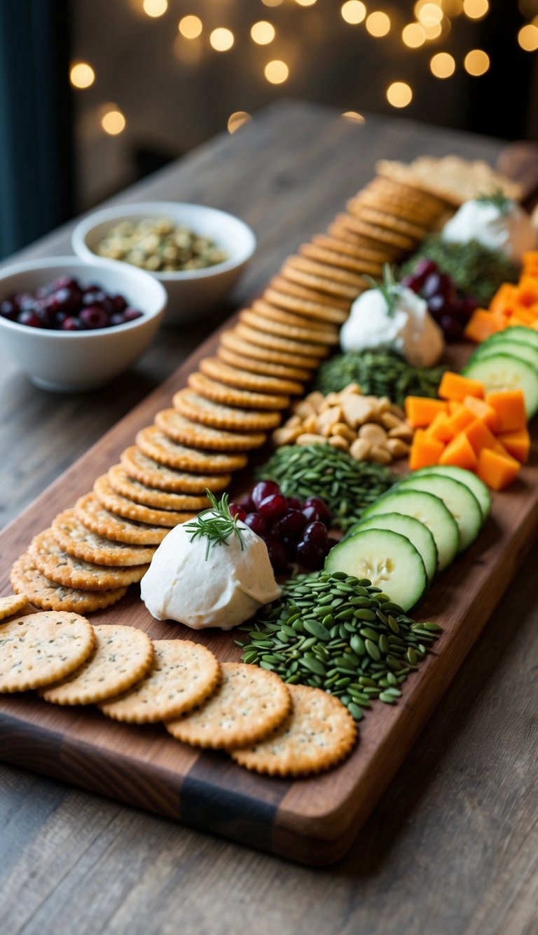 A wooden charcuterie board with an assortment of seeded crackers and vegan toppings arranged in an appealing display