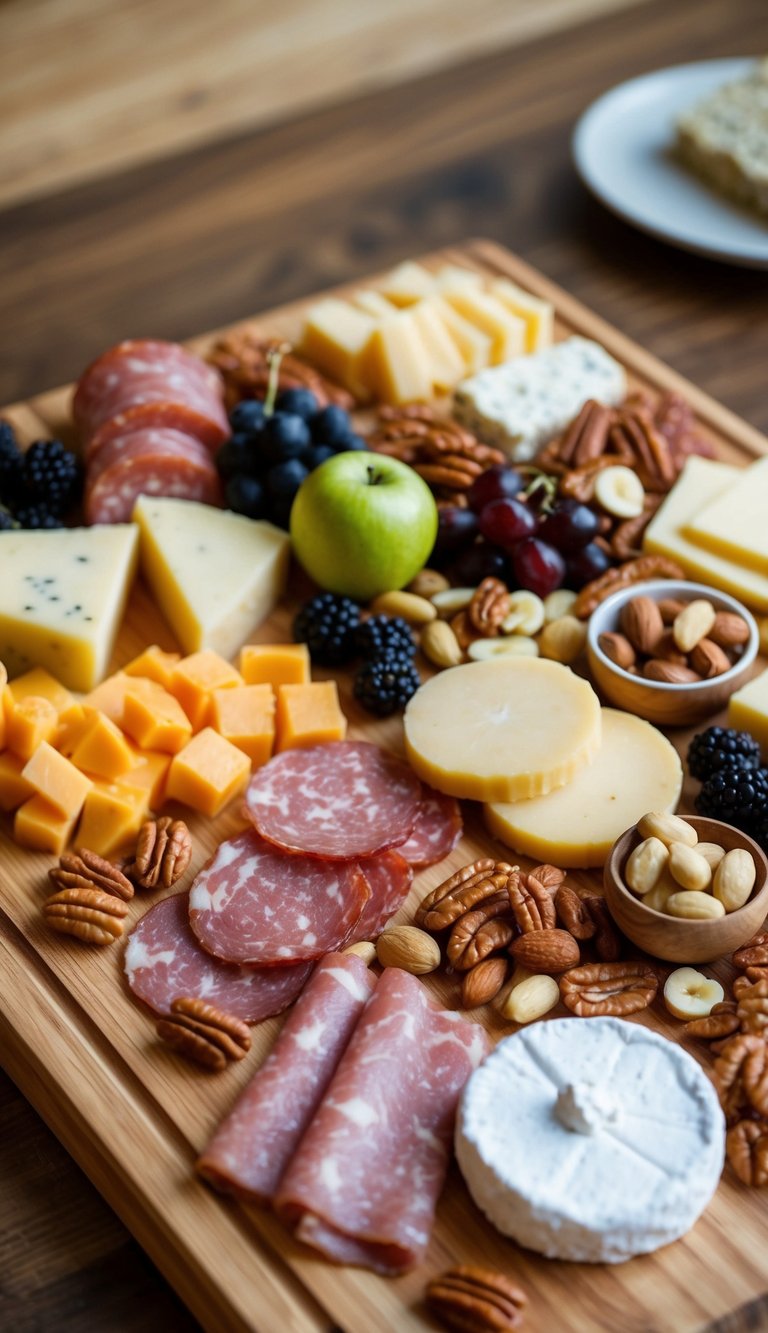 A wooden charcuterie board filled with various keto-friendly meats, cheeses, nuts, and low-carb fruits arranged in an aesthetically pleasing and appetizing display