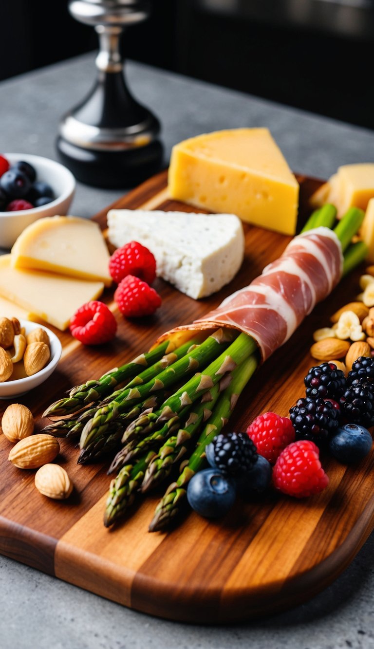 A wooden charcuterie board with prosciutto-wrapped asparagus, assorted cheeses, nuts, and berries arranged in an aesthetically pleasing manner