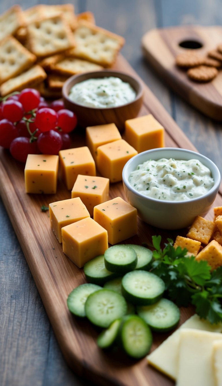 A wooden charcuterie board with neatly arranged pepper jack cheese cubes and other keto-friendly snacks