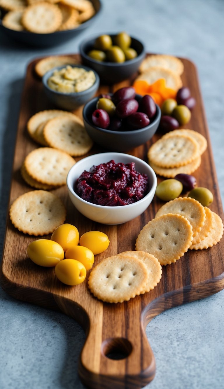 A wooden charcuterie board with various keto-friendly snacks, including olives and tapenade, arranged in an aesthetically pleasing manner