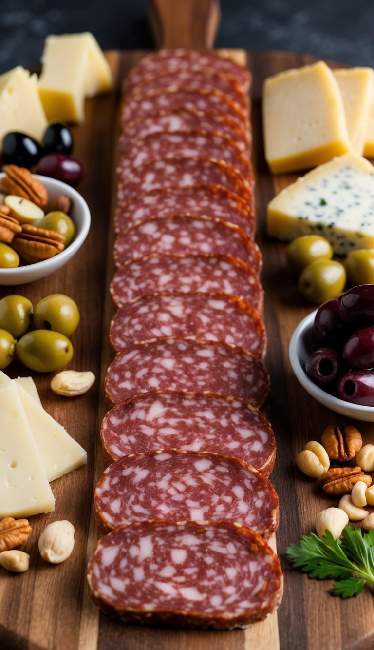 A wooden charcuterie board with 10 neatly arranged slices of Genoa salami, surrounded by keto-friendly accompaniments like cheese, nuts, and olives