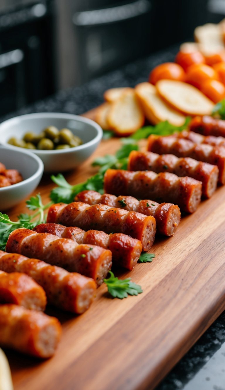 A wooden charcuterie board with assorted keto-friendly items, including chorizo sausage bites, arranged in an appealing and appetizing display
