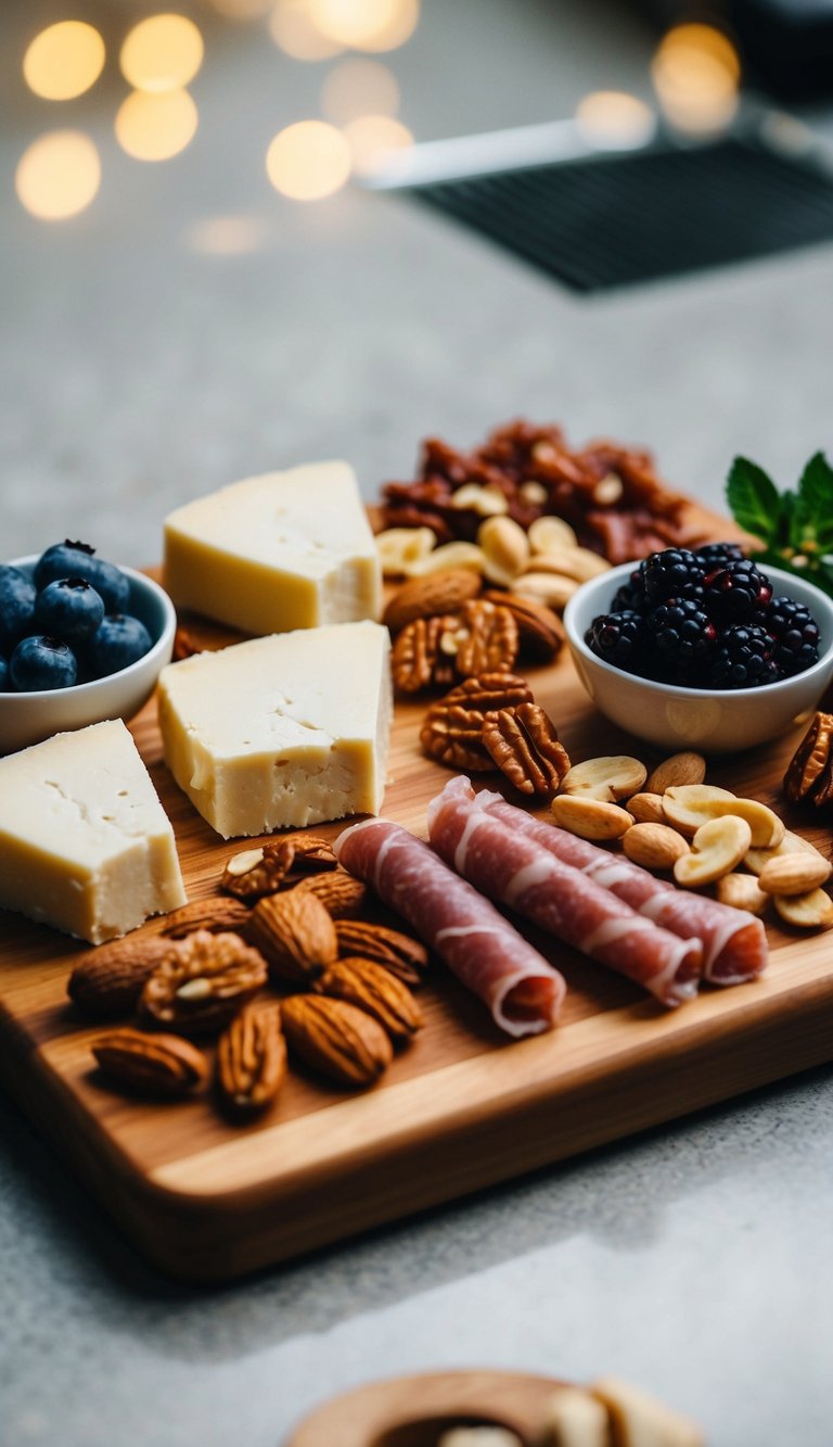 A wooden charcuterie board with Pecorino Romano wedges, nuts, meats, and berries arranged in a keto-friendly display