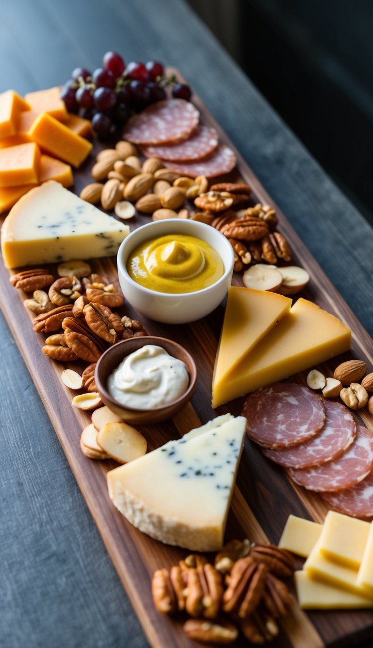 A wooden charcuterie board with various keto-friendly meats, cheeses, nuts, and a small bowl of Dijon mustard dip in the center