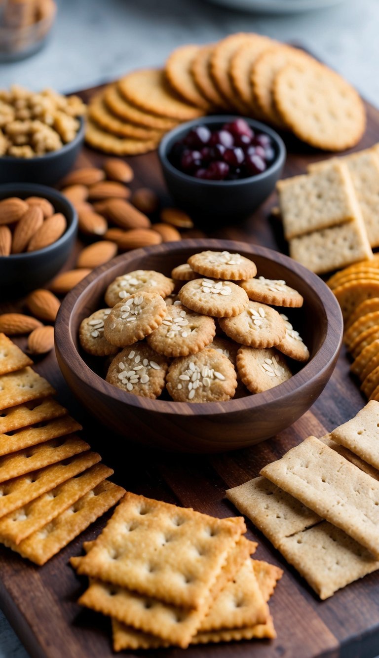 A wooden charcuterie board with a variety of almond flour crackers and keto-friendly snacks arranged in an aesthetically pleasing display