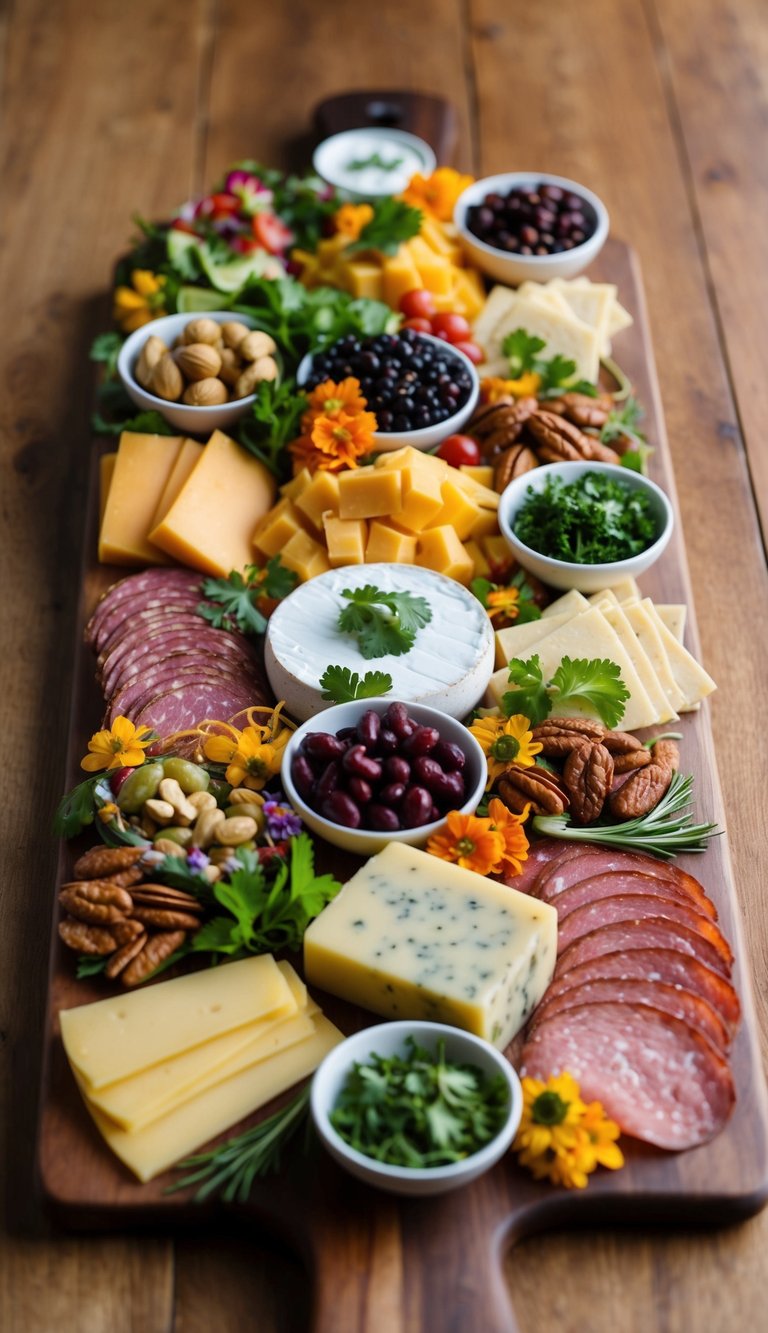 A colorful array of Mexican meats, cheeses, fruits, and nuts arranged on a wooden board, garnished with fresh herbs and edible flowers