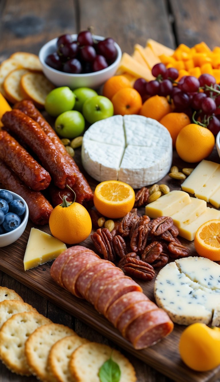 A colorful array of spicy chorizo, assorted cheeses, fresh fruits, and savory accompaniments arranged on a rustic wooden charcuterie board