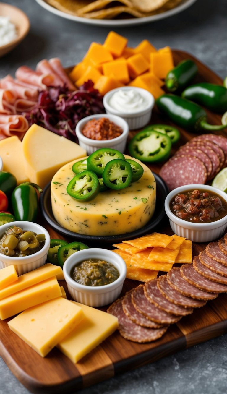 A vibrant array of jalapeño jack cheese, assorted meats, and traditional Mexican accompaniments arranged on a wooden charcuterie board