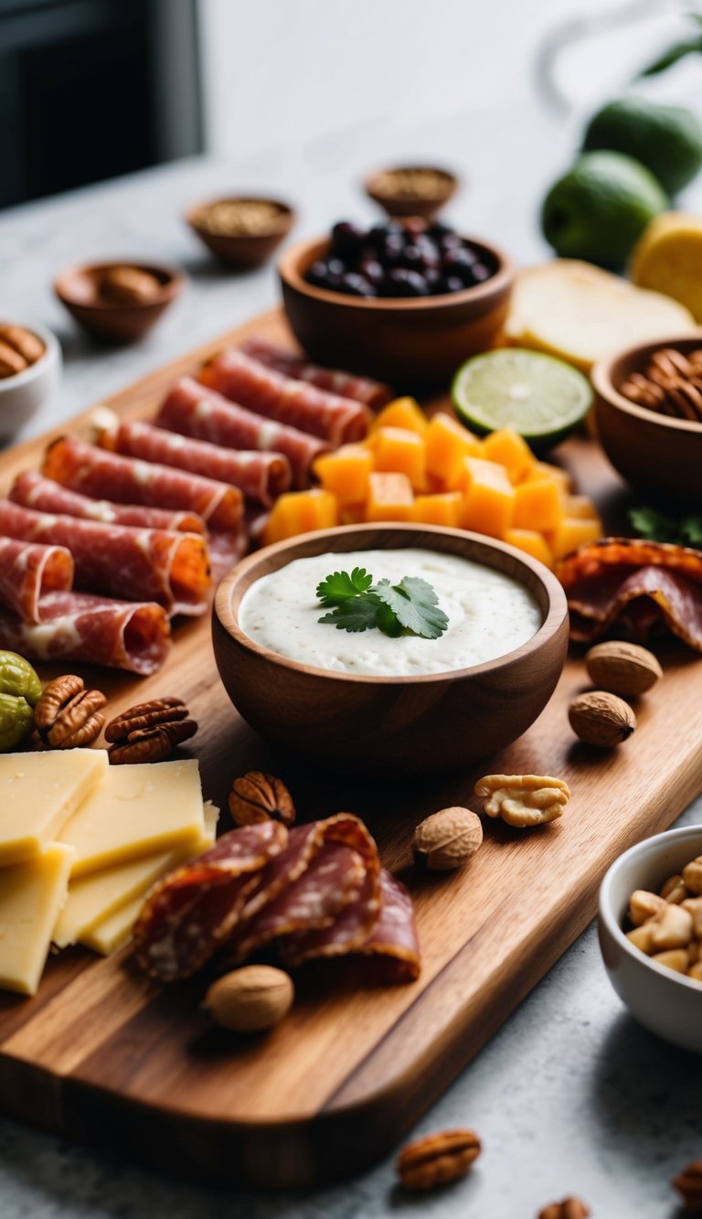 A wooden charcuterie board adorned with Queso Fresco, surrounded by Mexican-inspired meats, fruits, and nuts