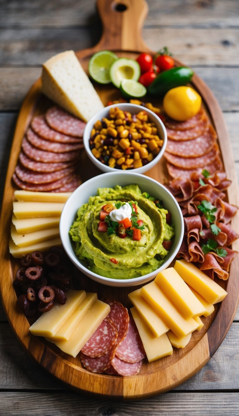 A wooden charcuterie board with a variety of Mexican-inspired meats, cheeses, and accompaniments, including a bowl of vibrant guacamole dip in the center