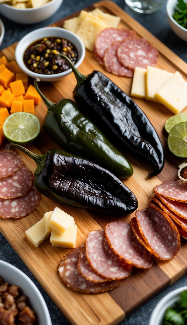 A wooden charcuterie board with roasted poblano peppers, surrounded by various Mexican meats, cheeses, and accompaniments