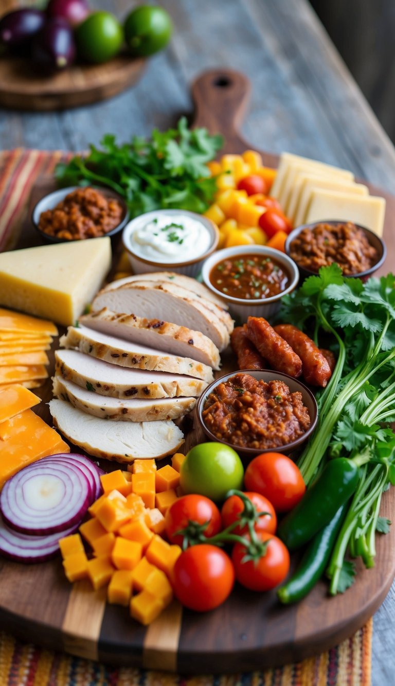 A rustic wooden board filled with sliced chipotle turkey breast, assorted Mexican cheeses, spicy chorizo, and colorful fruits and vegetables