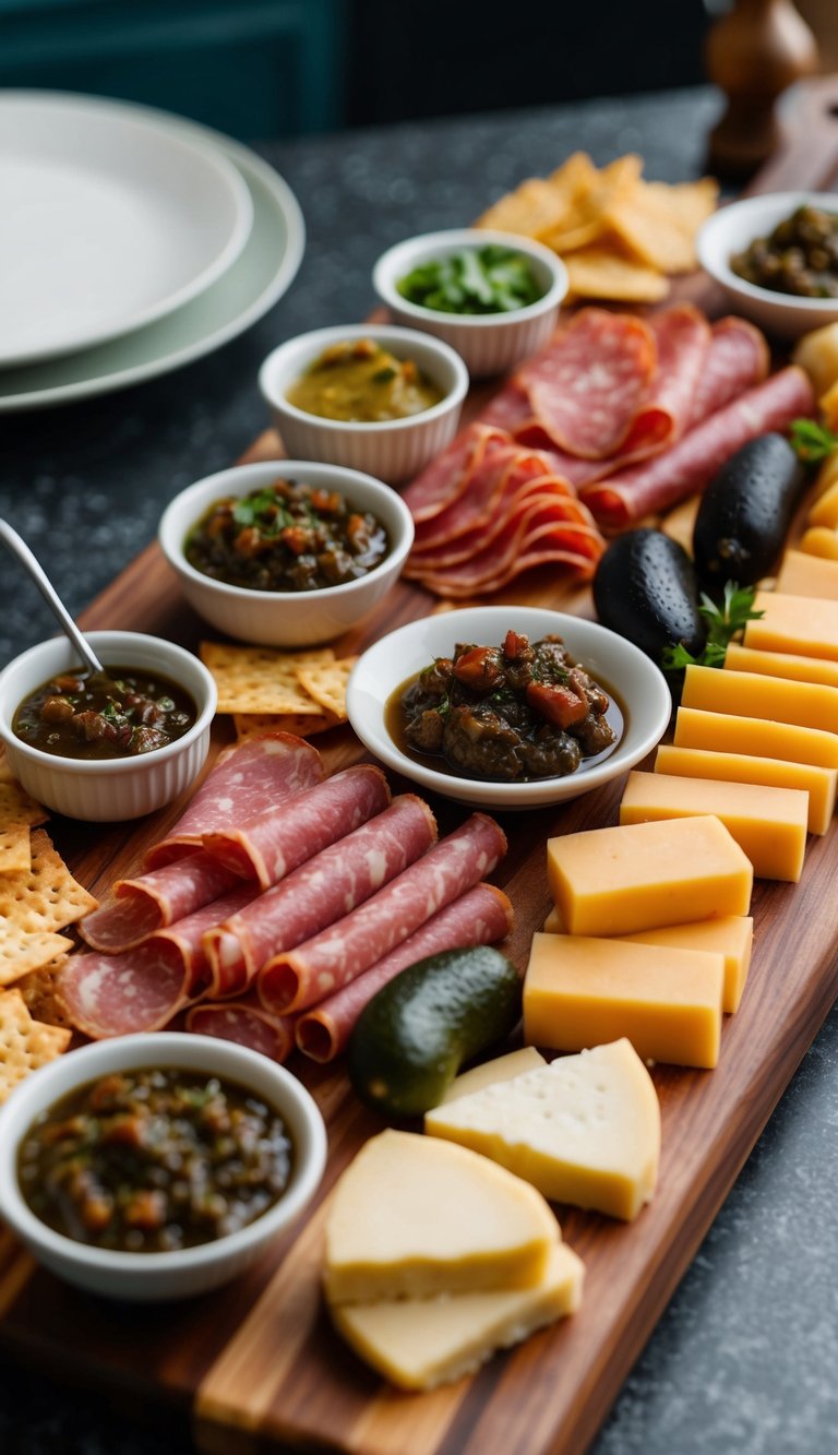 A wooden charcuterie board with various Mexican meats, cheeses, and tamarind chutney arranged in an appetizing display
