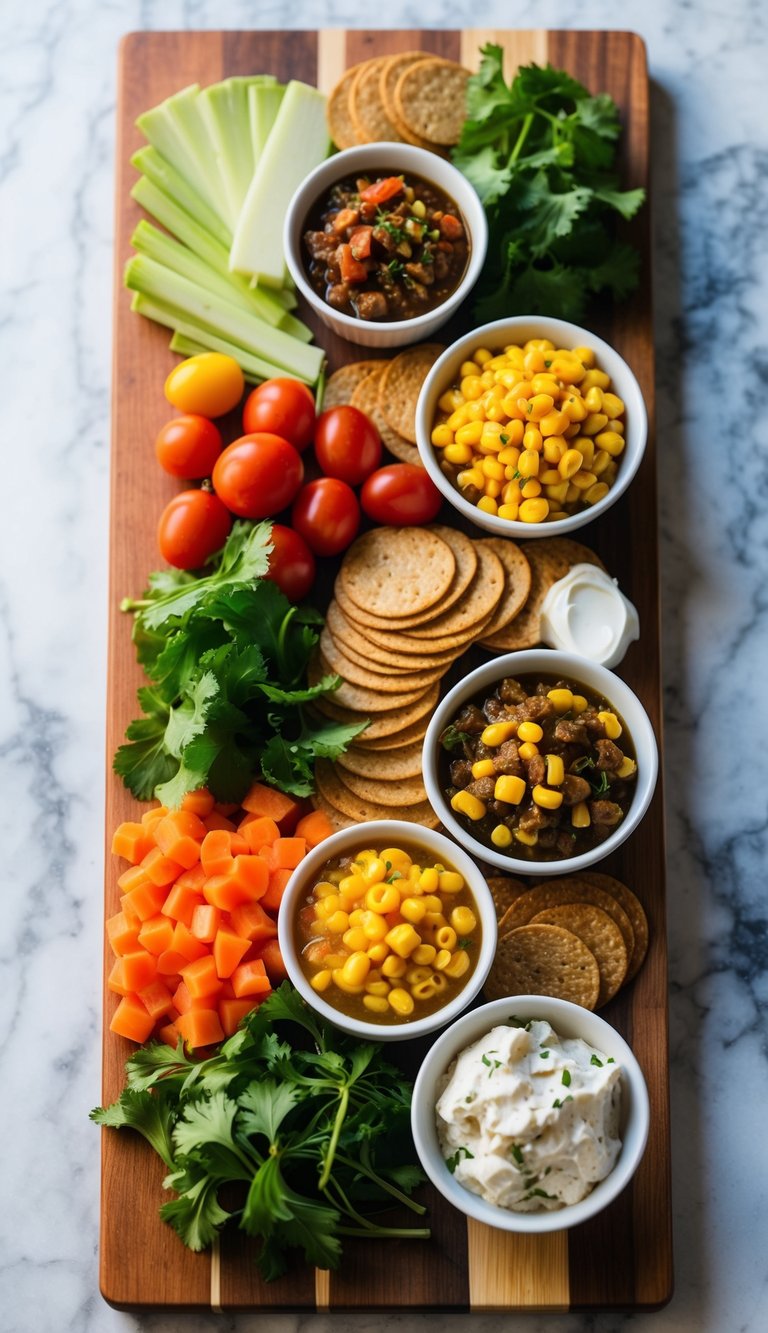 A colorful array of charcuterie board ingredients, including Mexican style corn relish, arranged on a wooden board