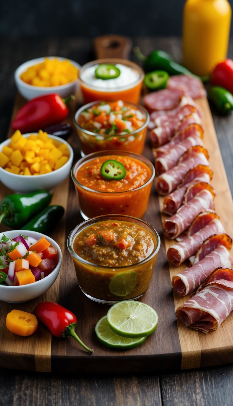 A vibrant array of spicy habanero salsa and assorted Mexican charcuterie arranged on a wooden board