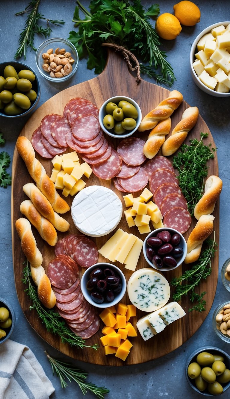 A rustic wooden board adorned with an assortment of Italian meats, cheeses, olives, and breadsticks, surrounded by fresh herbs and fruits